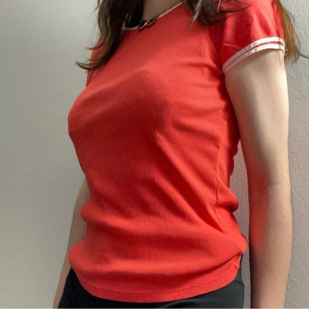 LARGE  Ralph Lauren 
Ribbed Top Flutter Sleeve Red Orange Baby Tee Shirt